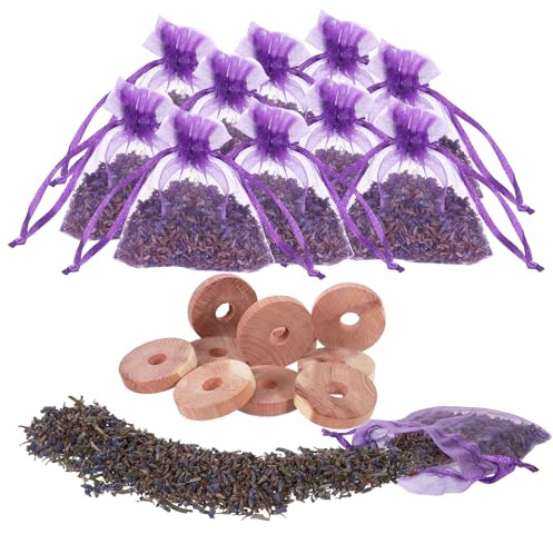 Sacchetti di lavanda, in legno di cedro, protezione antitarme per guardaroba, include 10 sacchetti di lavanda e 20 anelli in legno di cedro, sacchetti profumati alla lavanda, per armadi, auto