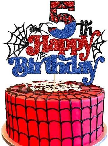 Gyufise 1Pcs Spider Happy 5th Birthday Cake Topper Red Blue Glitter Baby Shower Party Cake Decoration for Spider Themed Birthday Anniversary Party Supplies