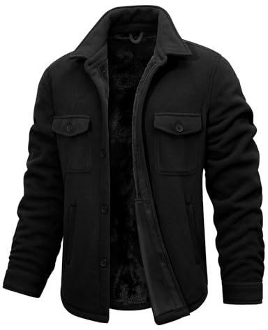 Xnova Veste Doublé en Polaire Chaud Blouson Homme Hiver mi Saison Militaire de Coupe-Vent Épaissir Chemise en Flanelle Manches Longues avec Poches et Boutons, Noir, L