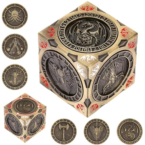 Set de Dés Rotatifs DND, 7-en-1 Métal Dés Spinner, Design Relief 3D, Dés Polyédriques Rotatifs pour Jeux de Rôle, Cadeaux D&D avec Boîte Cadeau à Logo Dragon, Accessoires de Jeux de Société, Bronze