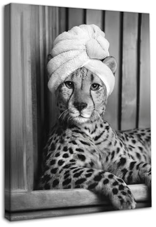Dazzlewall Divertido Arte de Pared de Leopardo, Impresión de Imagen de Leopardo en Bañera Humorístico Animal en Blanco Y Negro Decoración de Pared Póster para Baño, 12x16 Pulgadas Enmarcado