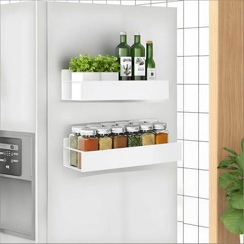 RichinMor Magnetisk Hylla Vit, 2-Pack Magnetisk Kryddhylla för Kylskåp med 4 Krokar, Metall Magnetic Shelf Hyllor Magnet för Förvaring och Organisering i Kök, Vit