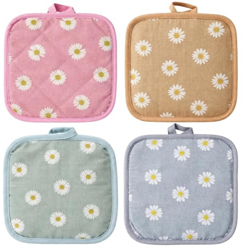 4Pcs Pot Holders, Set of Four Daisy Design Heat Resistant Mats, Kitchen Utensil for Hot Pans and Dishes, Pink Blue Green Yellow Colour Options, Durable Fabric for Daily Use