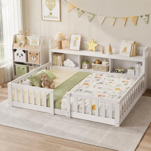 FOERPL Lit au Sol Montessori pour Enfant 140x200cm, Lit de Sol en Bois avec Bibliothèque Intégrée et Garde-Corps, Lit Enfant au Sol avec Sommier à Lattes,Blanc (sans Matelas)