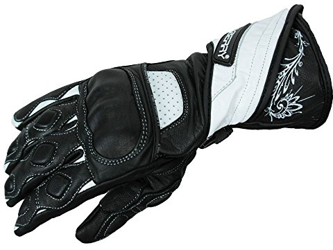 HEYBERRY Damen Motorradhandschuhe Leder Schwarz Weiß Gr. L