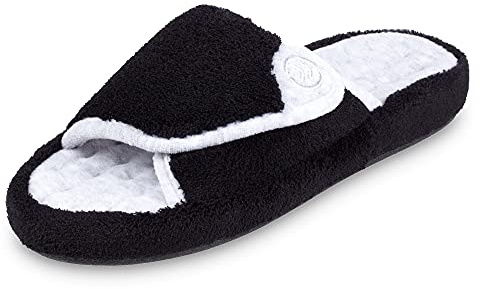 isotoner Women's Indoor/Outdoor Slip-on Adjustable Terry Spa Slide Slippers with Memory Foam Comfort, Black, 5.5-6