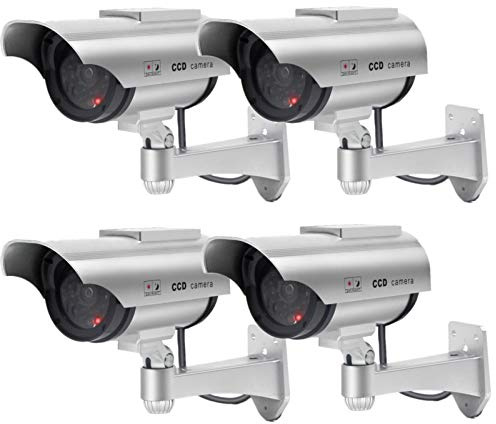 F FINDERS&CO Solar Powered Dummy Security Camera, Bullet Fake Surveillance System with Realistic Red Flashing Lights and Warning Sticker Indoor Outdoor (4, Silver)