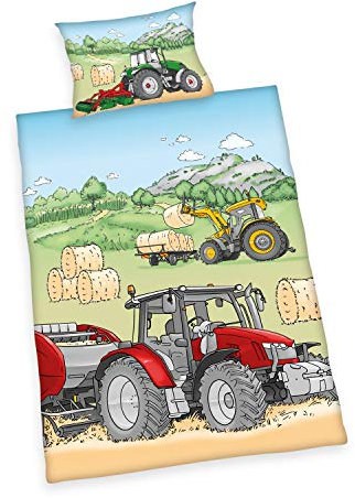 Herding Bio-Bettwäsche-Set, GOTS Zertifiziert, Traktor Wendemotiv, Kopfkissenbezug 40 x 60 cm, Bettbezug ca. 100 x 135 cm, Baumwolle/Renforcé, Mehrfarbig, 100x135
