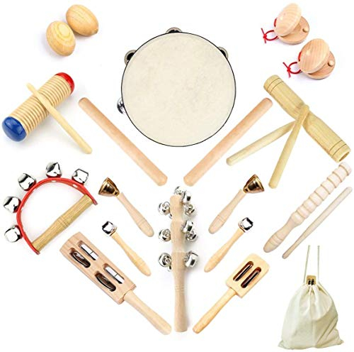 ULIFEME 23 Stück Musikinstrumente Set, Musical Instruments Holz Percussion Set für Kinder, Baby und Kleinkinder, Reines Holz Musikinstrumente Spielzeug, Musik Rhythmus Set Verpackt in Baumwolltasche