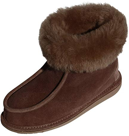 Hollert Damen & Herren Lammfell Hausschuhe Adam Fellschuhe aus Merino Schaffell Echtleder sehr warm und atmungsaktiv Schuhgröße 39, Farbe Braun