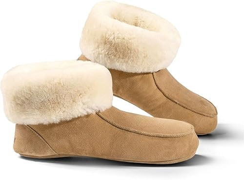 Fellhof handgemachter Hüttenpatschen aus Lammfell Hausschuh Damen Herren Unisex gefüttert Winter-Sommer Hausschuhe Naturprodukt atmungsaktiv (beige Gr. 43)