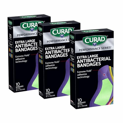 CURAD Performance Series IRONMAN Antibacterial Bandages, Extreme Hold Adhesive Technology, Extra Large Flexible Fabric Bandages for Cuts, Scrapes, & Burns, Assorted Colors, 2 x 4 inches, Pack of 3