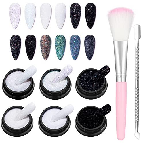 Kiiwah 6 Pièces Poudre Effet Sucre Ongles Nail Art, Paillette Poudre Ongles avec Pinceaux et Pousse Cuticule, noir, blanc