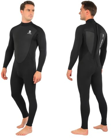 Matai Wetsuits Mens 3/2mm Neoprene Super Stretch Back Zip Full Length Wetsuit for Surfing Swimming SUP Canoe Kayak Sailing Windsurfing (MT, All Black)