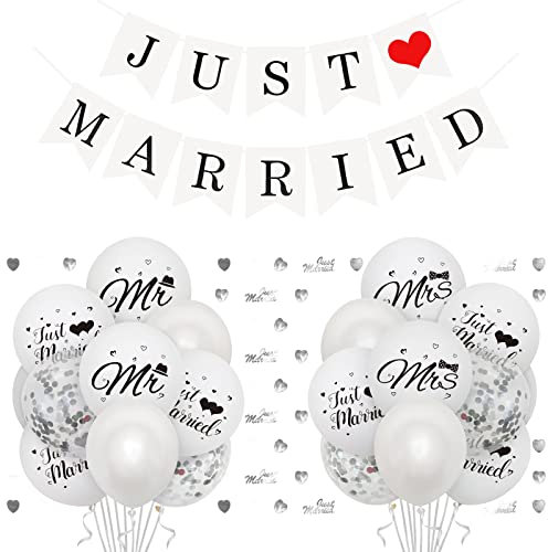 Bealif Just Married Wedding Decoration with 38 Balloons, 1pcs Just Married Banner, Just Married Car Decoration Mr and Mrs Balloons Silver Just Married Confetti for Wedding Bridal Shower Decorations