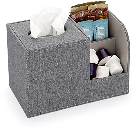 BTSKY Linen Square Tissue Holder Box With Two Side Storage Pockets For Remote Control Vanity Makeup Cosmetics Pen Pencil - Tabletop Cube Tissue Box Napkin Holder Storage Box, Grey