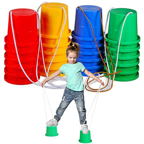 Hungdao 12 Pairs Balancing Stilts for Kids Walking Bucket Stilts Plastic Walking Toy with Adjustable Rope for Preschool Playground Indoor Outdoor Obstacle Course Games, 4 Colors
