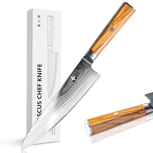 FUJUNI Coltello Cucina Professionale, Coltello Damasco 20Cm - 67 Strati VG10 Acciaio al Carbonio Alto- Coltello da Chef con Manico in Legno d'Ulivo