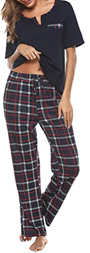 Bresdk Pigiama Donna Cotone Manica Corta Pigiami Due Pezzi da Donna Morbido e Leggero Pantaloni a Quadri Set Pigiama da Notte Estivo Lungo | Il mix di alta qualità offre un'elevata traspirabilità, una leggera elasticità e un morbido comfort sulla pelle