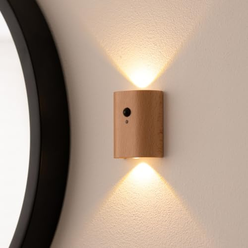 Auraglow Rechargeable Wooden Wall Light Motion Sensor PIR Portable Cordless Wireless Automatic Battery Indoor Hallway, Stairway, Porch Smart Night Lamp (Beech, 2 Pack)