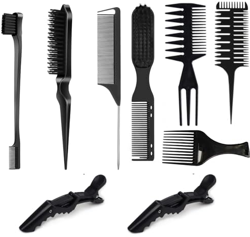 Spazzola Capelli Kit, Doppio Bordo Pettine, Pettine a Coda Topo, Spazzole e Pettini per Bordi, Capelli in Setola Pettini, Pettine per Stuzzicare, per Casa,Donne,Bambini e Parrucchieri (Nero)