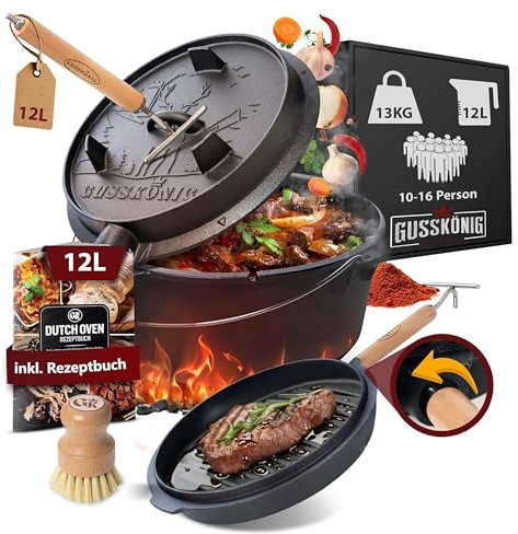 GUSSKÖNIG Dutch Oven Set - Eingebrannter Dutch Oven 12 Liter [10-16 Person]-Feuertopf Gusseisen mit Füßen-Schmortopf Doppelfunktion-2in1 Deckelheber, Bürste & DutchOven Rezeptbuch-30 Jahre Garantie