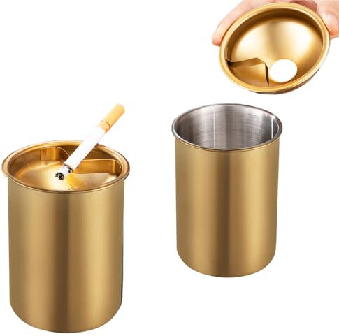 2 PCS Stainless Steel Ashtray Stylish Desktop Smoking Ash Tray Windproof Cigarette Ashtray with Funnel Lid for Indoor or Outdoor Use Home Office Garden Decoration (Golden)