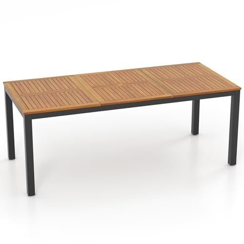 GIANTEX Tavolo da Giardino in Legno di Acacia per 8 Persone, Tavolo Rettangolare da Pranzo con Foro per Ombrellone, Struttura in Metallo, 200 x 90 x 75 cm, Naturale e Nero