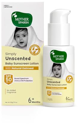 Mother Sparsh Simply Unscented Mineral Baby Sunscreen with Natural Oatmeal -50g, with SPF 50 & UVA/UVB Protection | Fragrance Free Sunscreen for Babies with Sensitive Skin