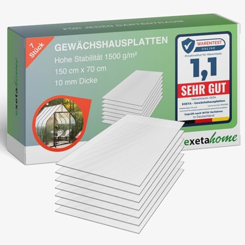 Exeta 7x Gewächshausplatten 10mm I Polycarbonat Hohlkammerplatten für Gewächshäuser I PC Doppelstegplatten UV-beständig & bruchsicher I für Garten, Frühbeet uvm I 70cm x 150cm I Transparent