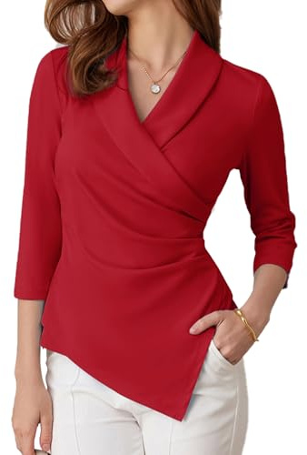 GRACE KARIN Business V Neck Slim Blouse Tops Winter 3/4 Long Sleeve for Women UK Tunic Tops Elegant Red XXL