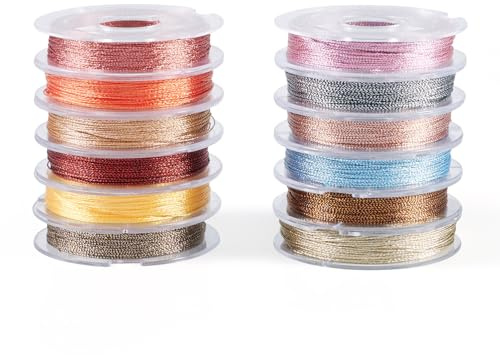 Spritewelry 12 rullar 0,3 mm metalliskt snöre färgglad glitter snöre smycken flätad tråd för gör-det-själv smycken hantverk tillverkning paketdekor