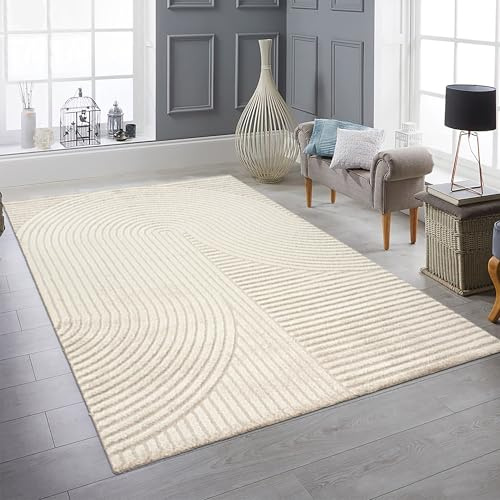 Teppich Traum Matta för vardagsrummet, sovrumsmatta, för gästrum, lämplig för golvvärme, lättskött, med linje- och bågmönster i beige, 160 x 230 cm