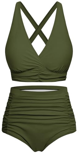 Voqeen Mujer Bikinis Reductor Barriga Cintura Alta Traje de Baño 2 Piezas Push Up con Relleno Conjuntos de Bikinis de Playa Bañadores de Natacion Cuello en V Bikini Top y Braga Ajustable