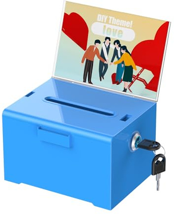 Unilife Caja de donativos acrílica con Cerradura y Soporte para Carteles, Urna Azul con Ranura,Caja de sugerencias, Contenedor para Guardar Dinero en Efectivo,15,7 x 12,7 x 10,2 cm