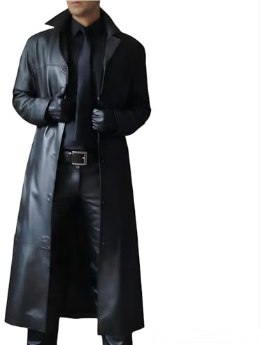 Men's Trench Coat, Solid Color Pu Leather Full Length Windbreaker Gothic Faux Leather Steampunk Overcoat Casual Outwear Lapel Windproof Motorcycle Button Up Long Trench Coat for Winter