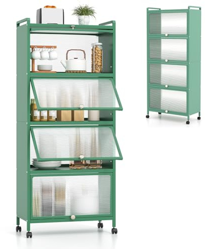 KOMFOTTEU Küchenregal auf Rollen, Aufbewahrungsregal mit Tür 5 Ebenen, Lagerschrank Standregal aus Stahlrahme, Aufbewahrungsschrank Beistellschrank 60x32x154 cm (Grün)