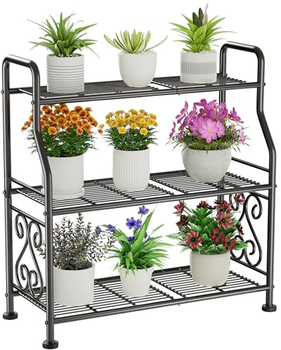 Jowkou 3-Tier Plant Stand | Plant Shelf, Flower Stand & Greenhouse Shelving | Metal Waterproof Staging Unit for Indoor Outdoor Use | Tiered Rack for Patio, Balcony, Living Room | Black