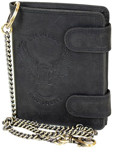 MDM Portefeuille biker en cuir pour homme avec chaîne, portefeuille en cuir véritable au design vintage avec gaufrage, portefeuille combiné motard format portrait, Noir , 10 x 12,5 x 2,5 cm, Motard