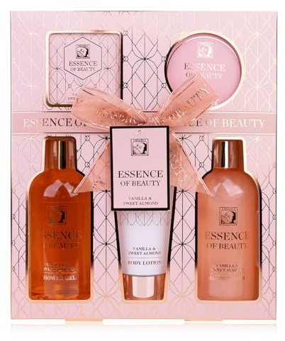 Accentra Set de ducha SALSA ESSENCE OF BEAUTY para mujeres, gel, espuma, loción, exfoliante, sales de baño, aroma Vainilla y Almendra Dulce, regalo de lujo para damas