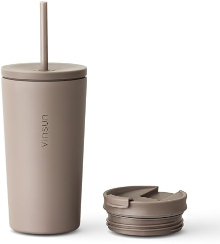 VINSUN Vaso Térmico con Pajita 480ml - Acero Inoxidable, a Prueba de Fugas, Doble Pared, Reutilizable - Taza Térmica con Dos Tapas para Coche, Viajes
