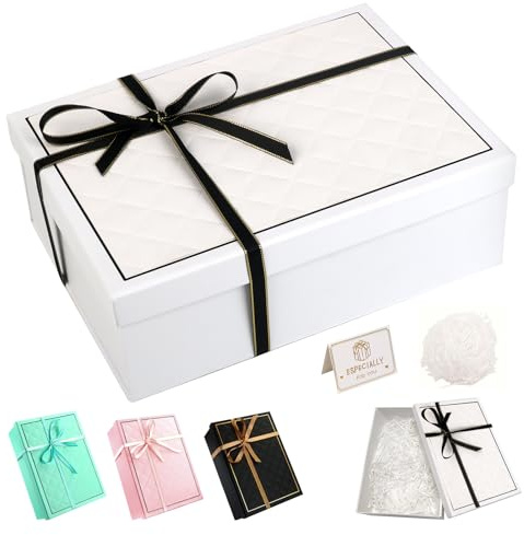 Presentask vit presentförpackning med lock, 22 x 18 x 8,5 cm, presentlådor med rosett, raffia och gratulationskort, presentförpackning för födelsedag, jul, alla hjärtans dag