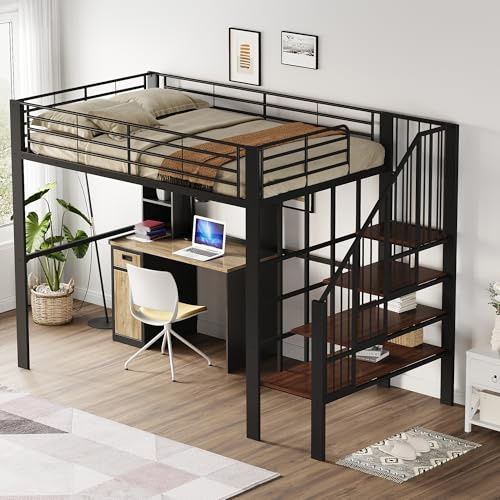 DUlVBPE Högsäng 140 x 200 cm – stabil metallkonstruktion med rymligt förvaringsutrymme under säng och trappa, perfekt för barn och vuxna, förvaringssäng för maximal utrymmesbesparing