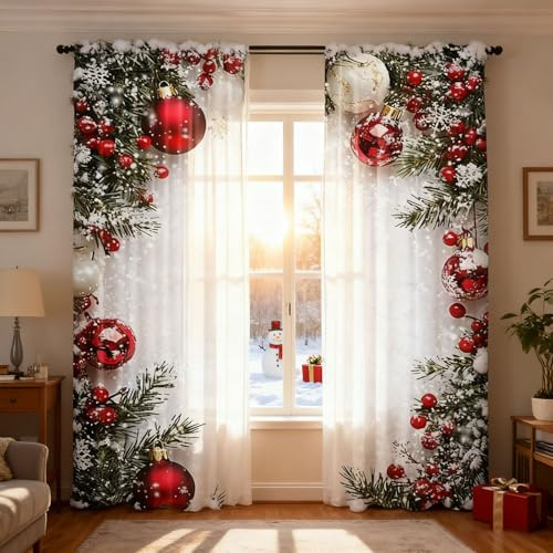 Cortinas navideñas con diseño de bola de Navidad, 2 unidades, impresión plana en 2D, color rojo, con copos de nieve y ramas de abeto, para dormitorio, salón y fiesta de Navidad (blanco, 220 x 100 cm)