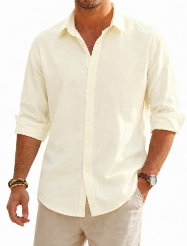 SEAYIJIA Camisa para Hombre Manga Larga, Camisa Informal de Lino-Algodón, Corte Estándar, Parte Superior Casual de Negocios, Ideal para Vacaciones Playa Verano