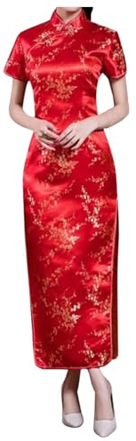 Robe Cheongsam chinoise brodée manches courtes longue longueur femmes traditionnelle Qipao, Rouge pastèque, L