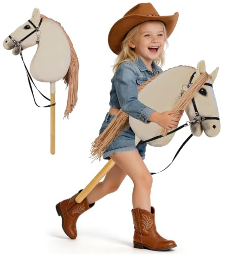 Arkyomi Plush Hobby Horse Stick Toy for Kids, 40cm Wooden Handle(Khaki)