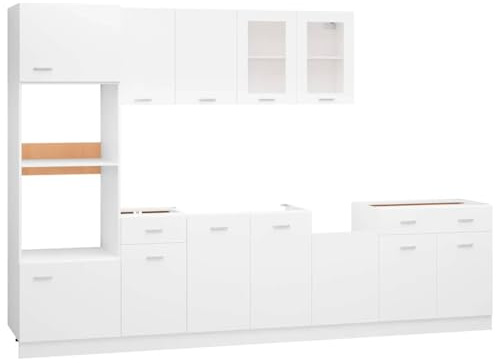 Fisinber 7-TLG. Angolo cottura Lione Bianco Materiale Legno 207 cm Armadio Alto Armadio a microonde Armadio sospeso Facile da pulire