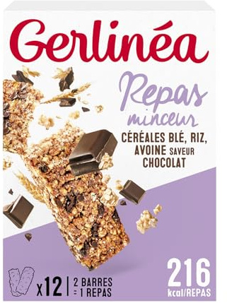 GERLINÉA – Barres Repas Céréales aux Pépites de Chocolat – Substitut de Repas Minceur Protéiné – Moins de 240 Kcal – Fabriqué en France – 12 Barres = 6 Repas, 372 g