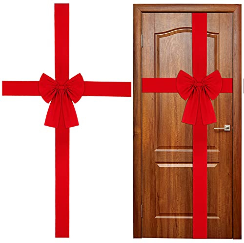 WILLBOND Christmas Cabinet Door Ribbon Bow Large Red Bow Christmas Wreath Bow Christmas Tree Bow Festival Wrapping Decorations for Christmas Tree Fireplace Home Front Door Party Supplies | Fabric Material, Soft and Durable, 15.7 x 12.9 Inch Center Bow, 14.1 ft Total Length, for Door, Cabinet, Christmas Decor
